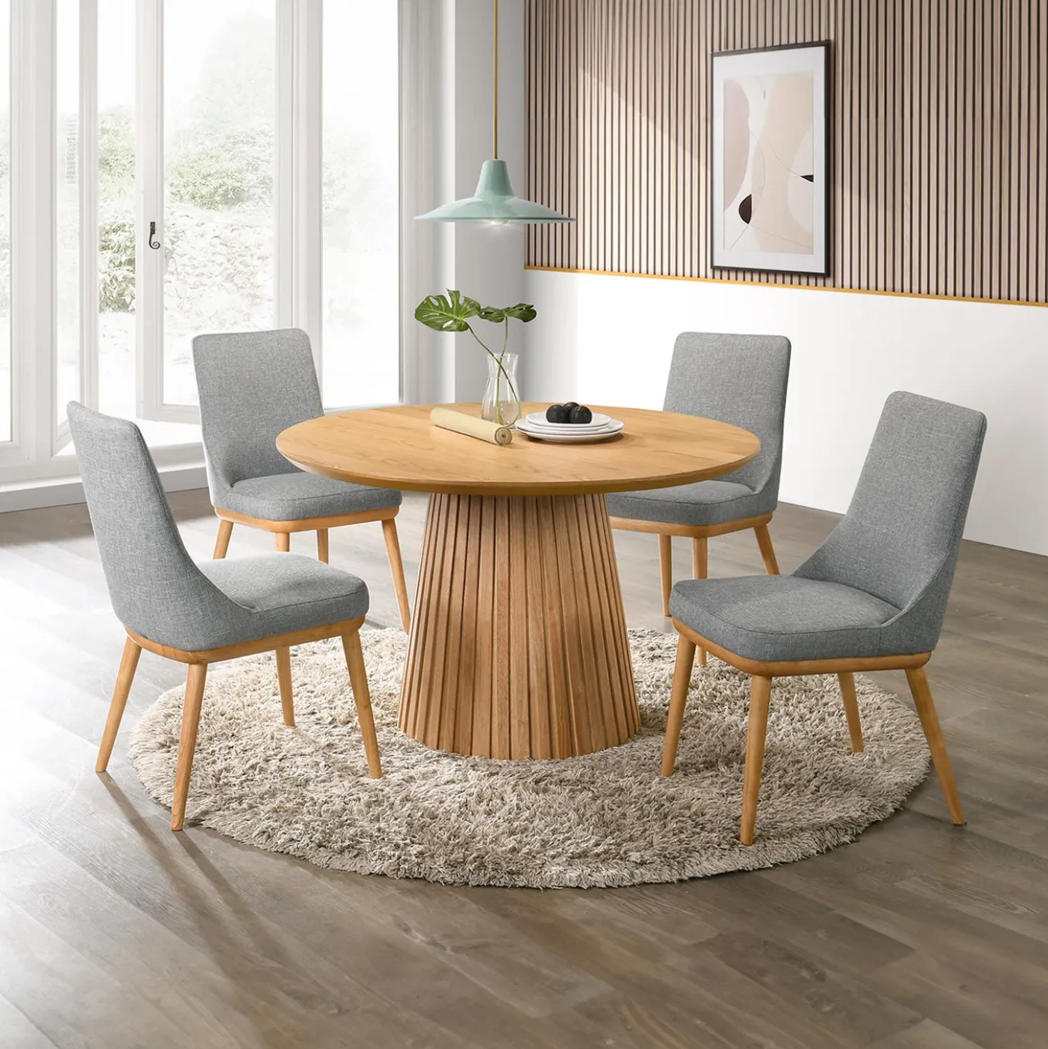 Table à manger ronde à piédestal avec 4 chaises - gris