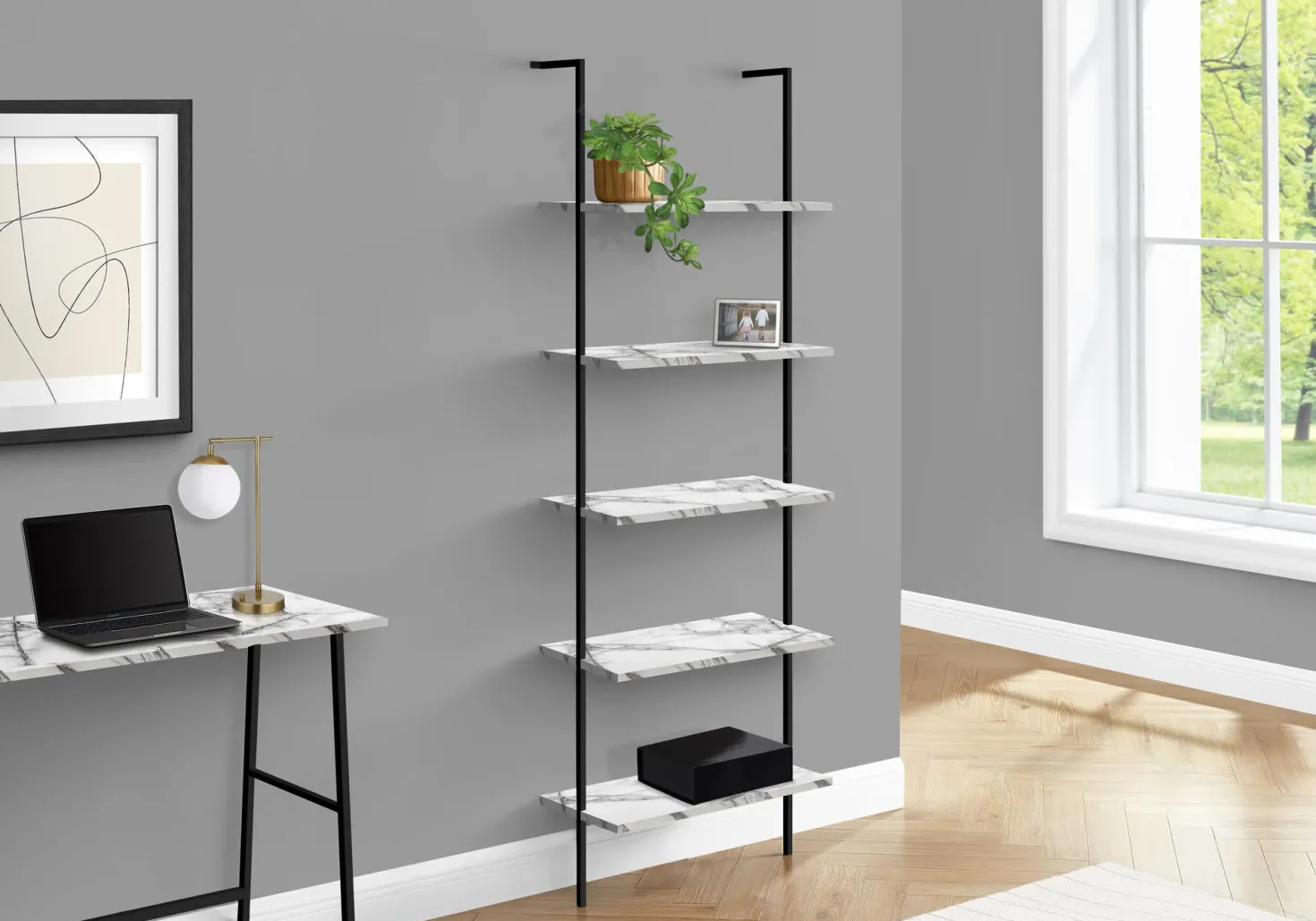 Étagère - 72"H, echelle marbre blanc, métal noir - Monarch