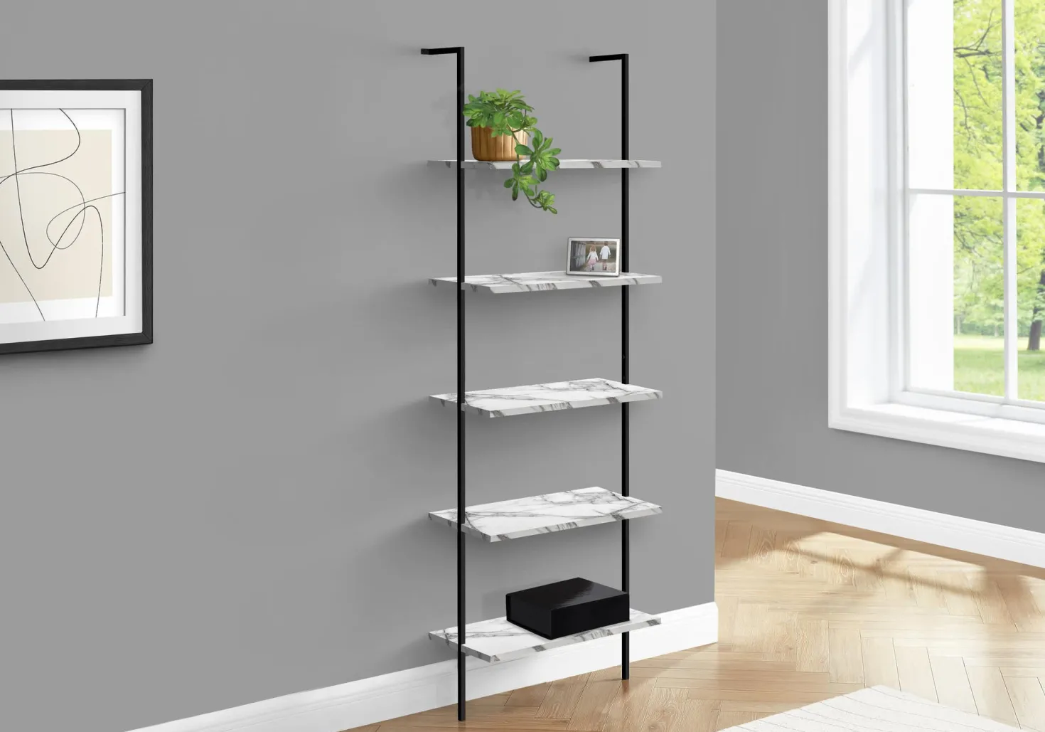 Étagère - 72"H, echelle marbre blanc, métal noir - Monarch