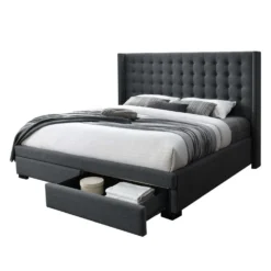 Très grand lit en tissu avec rangement 2 tiroirs et tête de lit (78")